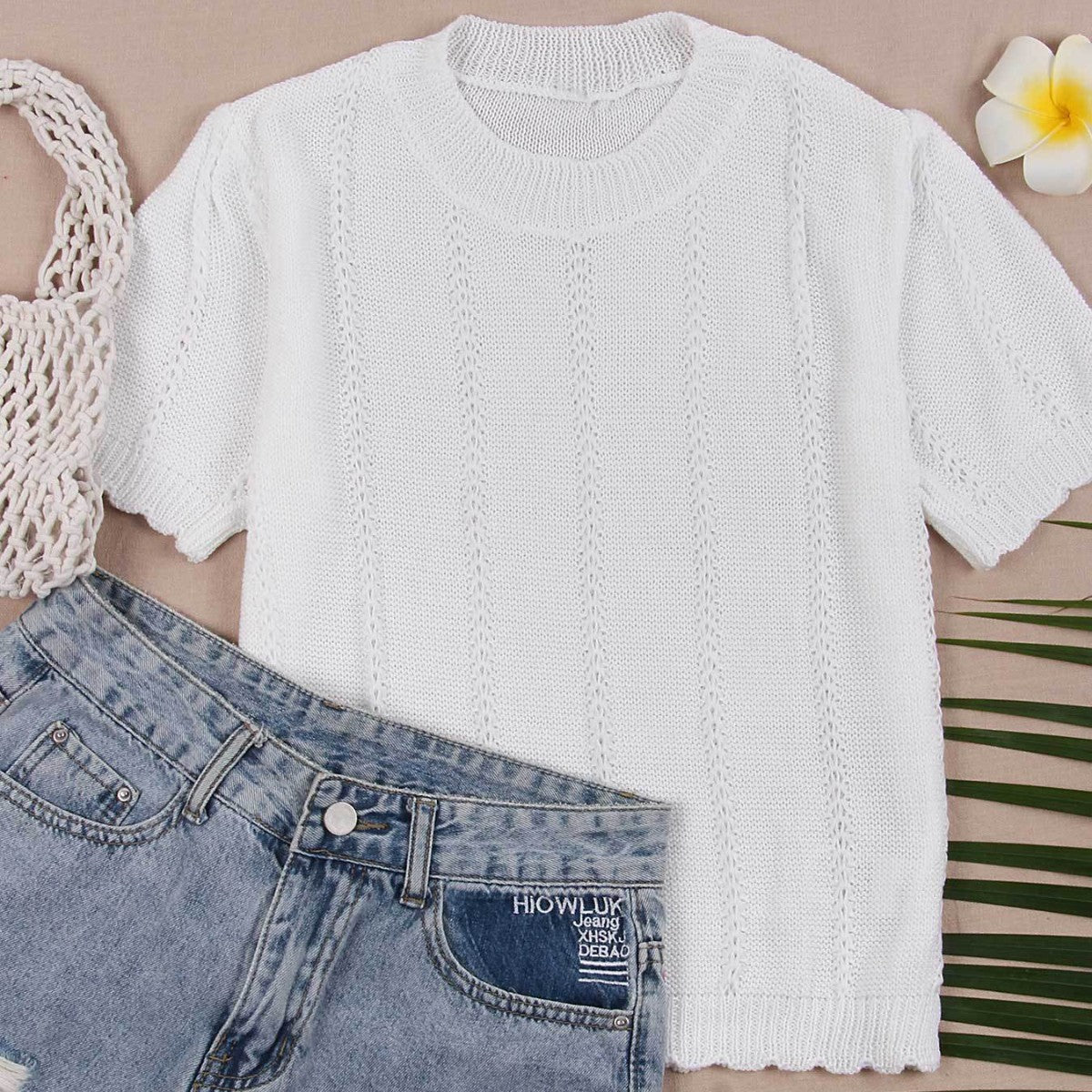 Women's Pointelle Knit Short Sleeve Top Knitwear for Autumn Winter Layering Cosy Days and Everyday Wear