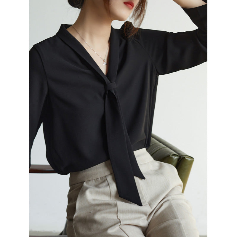 Women's Chiffon Tie-Neck Long Blouse Outfit for Work Brunch Casual Days and Everyday Wear
