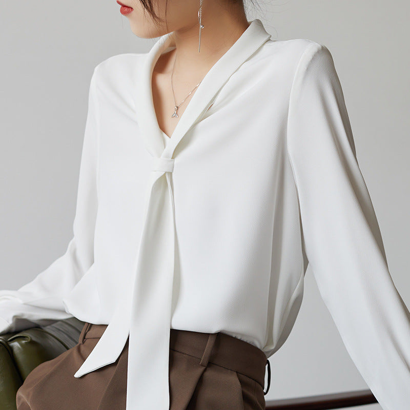 Women's Chiffon Tie-Neck Long Blouse Outfit for Work Brunch Casual Days and Everyday Wear
