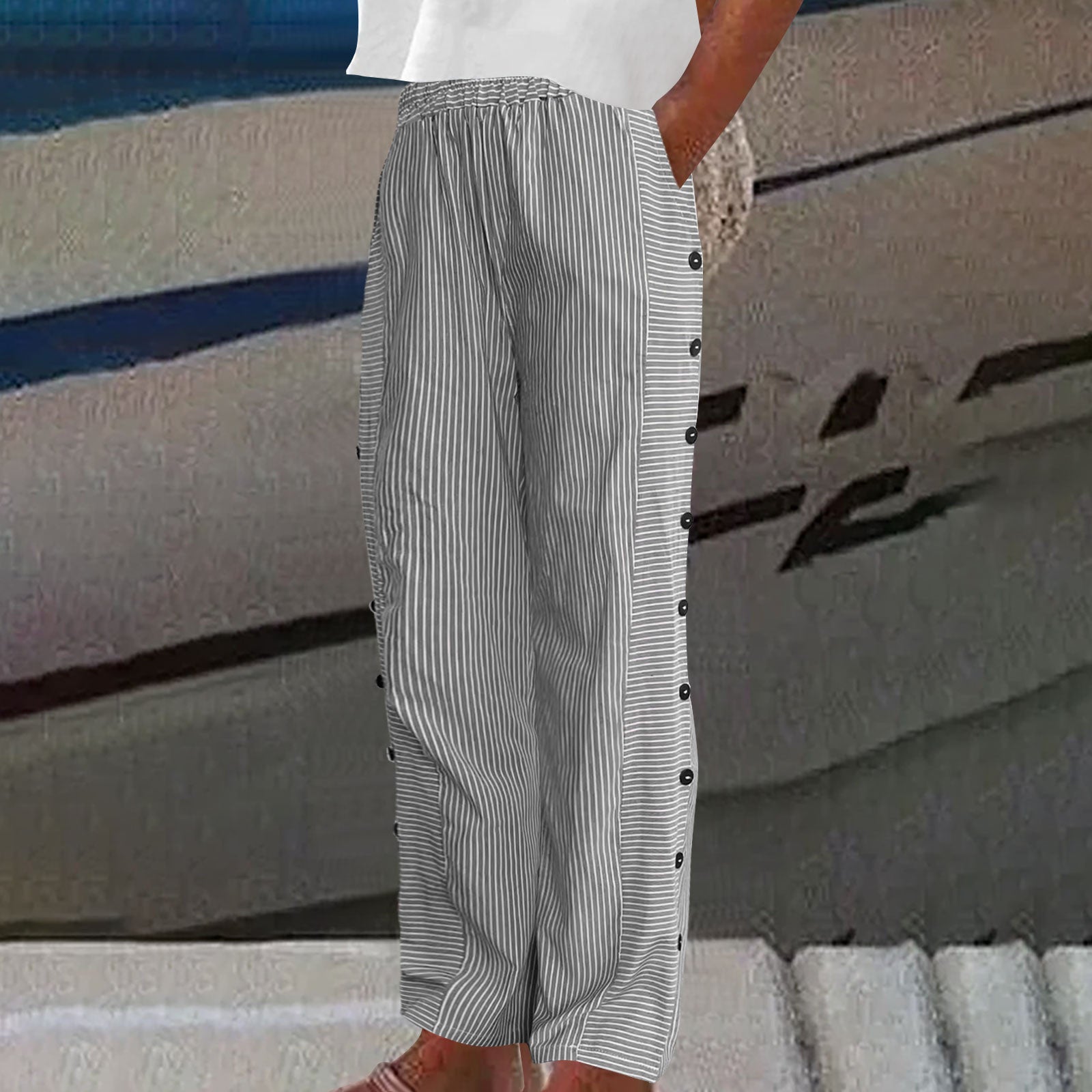 Women's Relaxed Striped Button-Detail Trousers Pants Outfit for Work Casual Days Holidays and Everyday Wear