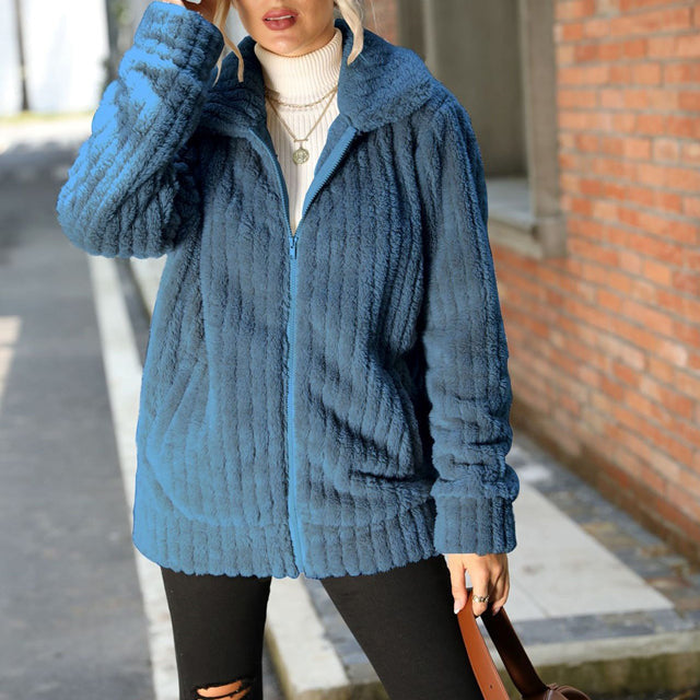 Women's Casual Teddy Fleece Jacket Relaxed Fit Long Sleeve Zip-Up Everyday Outerwear