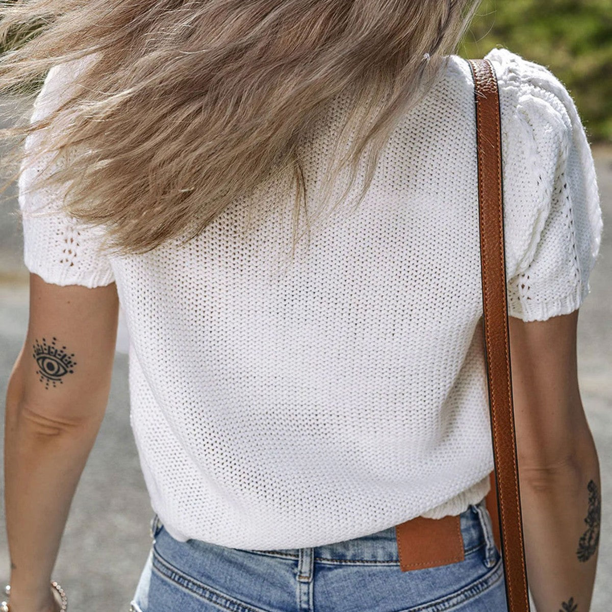 Women's Pointelle Knit Short Sleeve Top Knitwear for Autumn Winter Layering Cosy Days and Everyday Wear