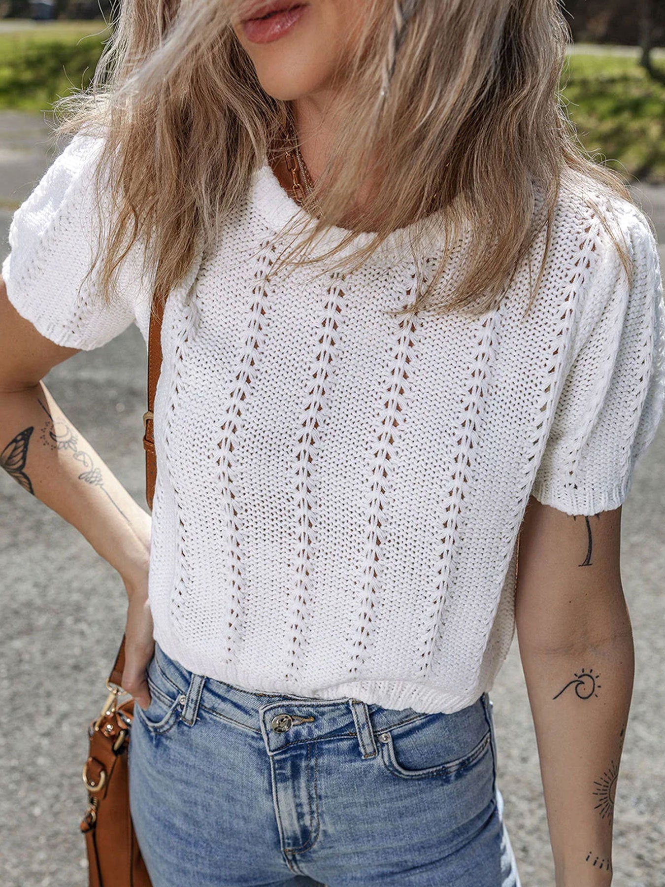 Women's Pointelle Knit Short Sleeve Top Knitwear for Autumn Winter Layering Cosy Days and Everyday Wear