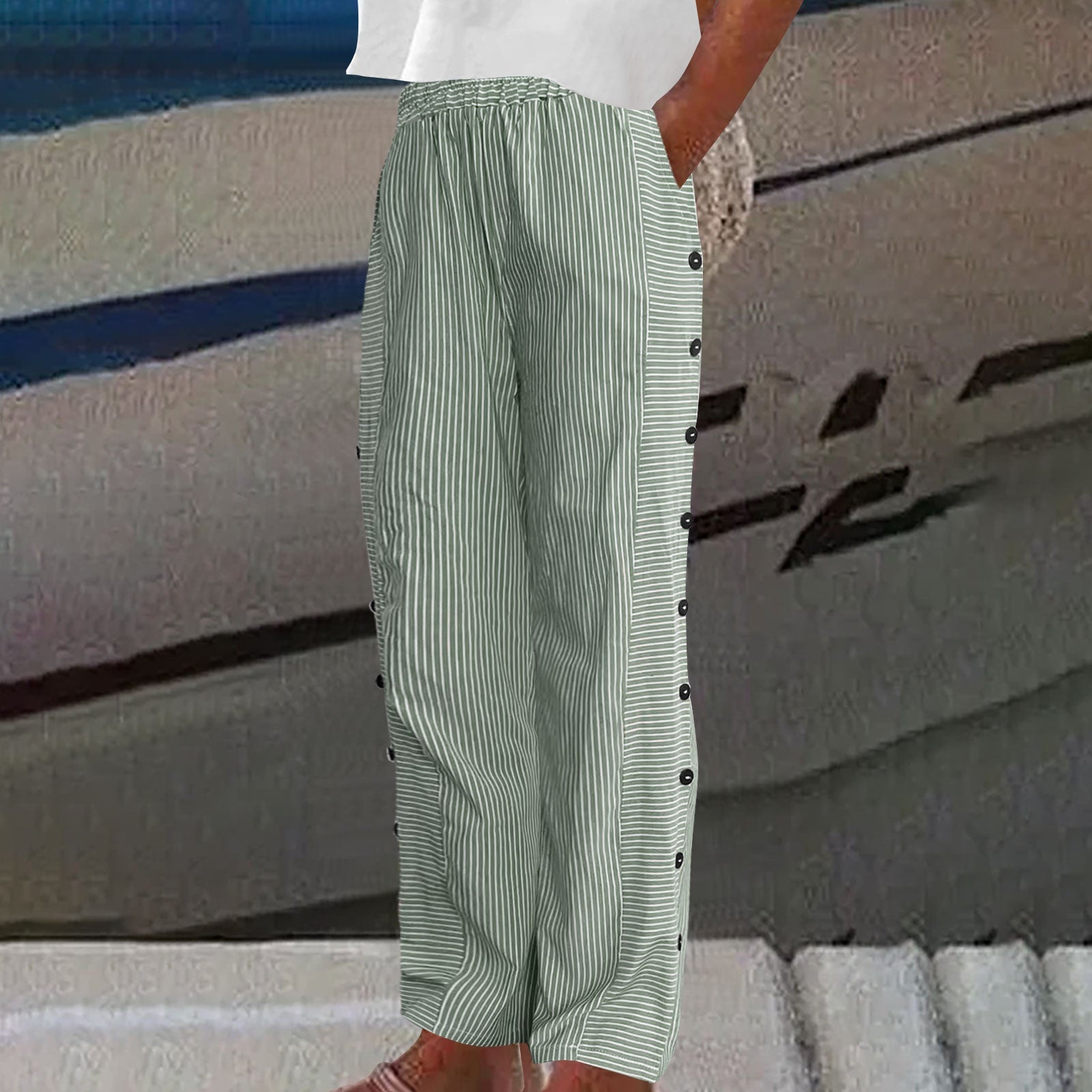 Women's Relaxed Striped Button-Detail Trousers Pants Outfit for Work Casual Days Holidays and Everyday Wear