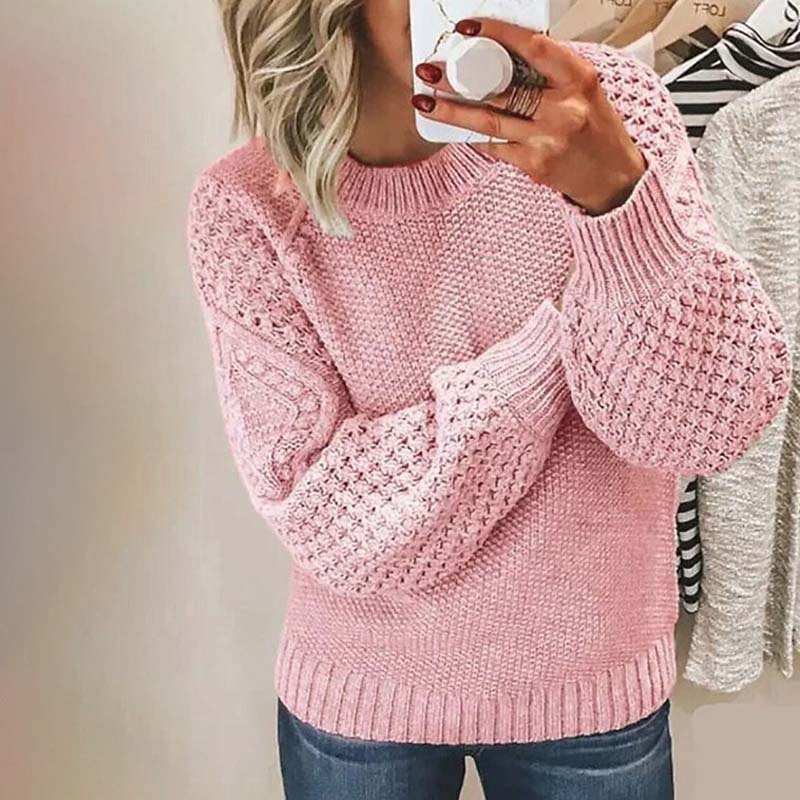 Women's Chic Crewneck Knit Sweater Relaxed Fit Long Sleeve Casual Everyday