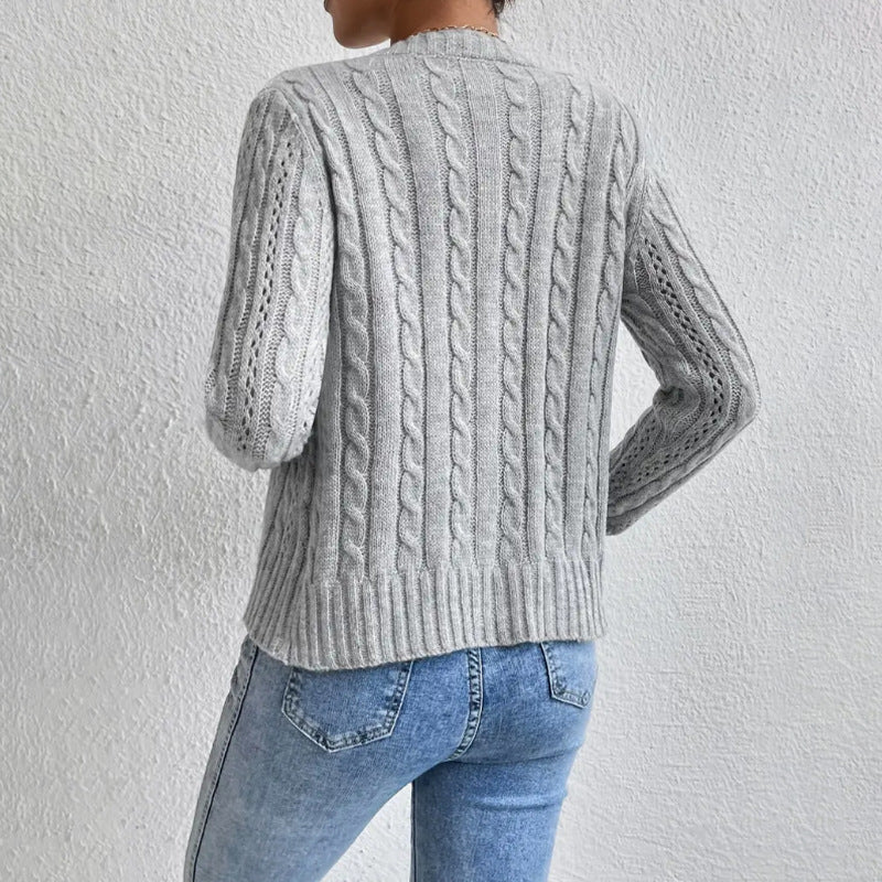 Women's Cardigan Sweater Cable Knit Design Round Neck Long Sleeve Cozy