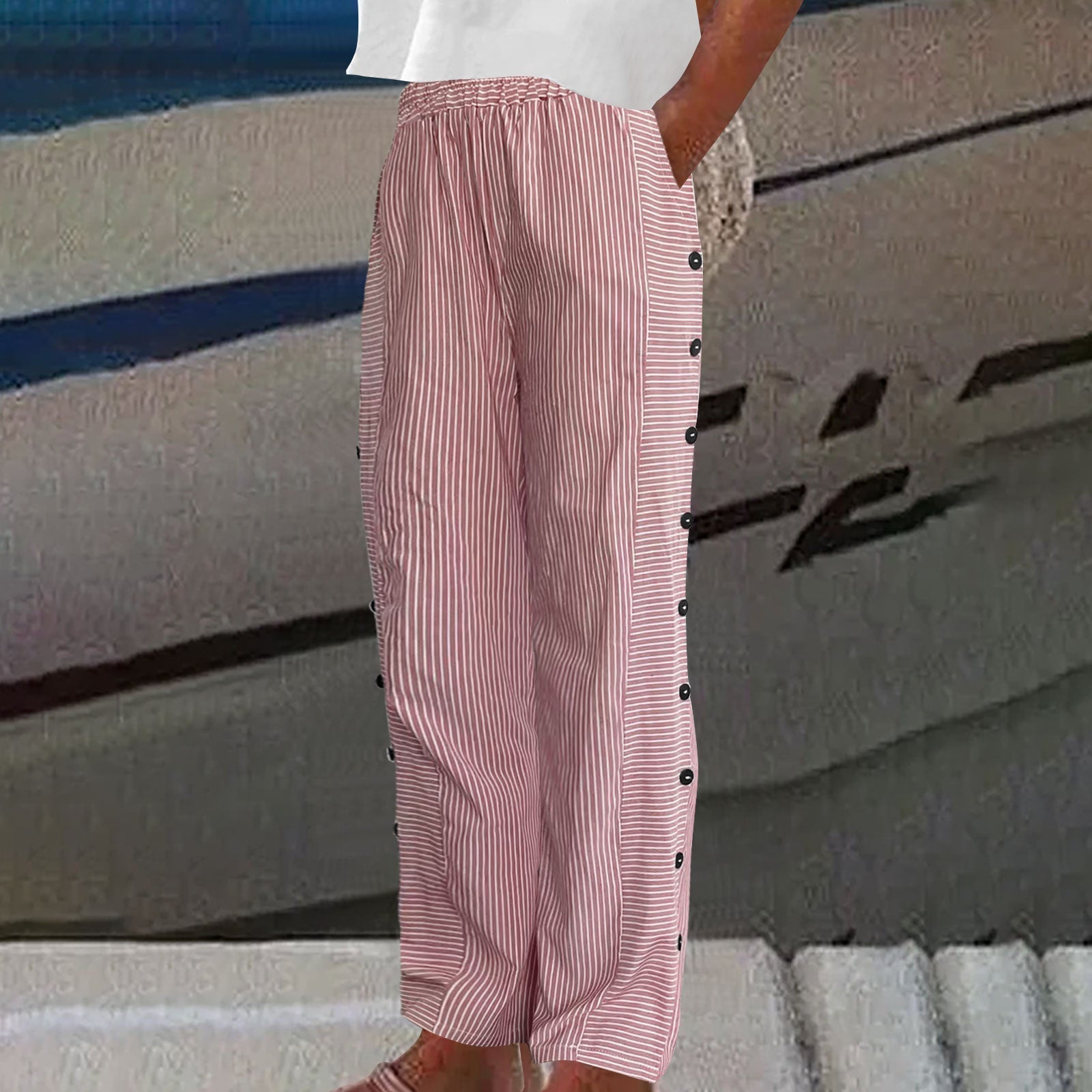 Women's Relaxed Striped Button-Detail Trousers Pants Outfit for Work Casual Days Holidays and Everyday Wear