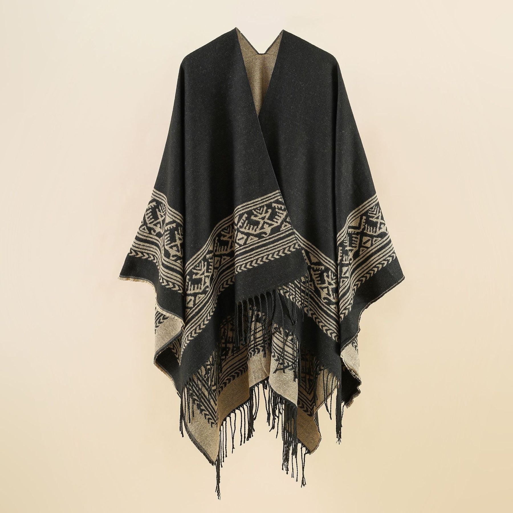 Women's Kimono-Style Wrap Coat Graphic Jacquard Design Fringed Hem Elegant Layering