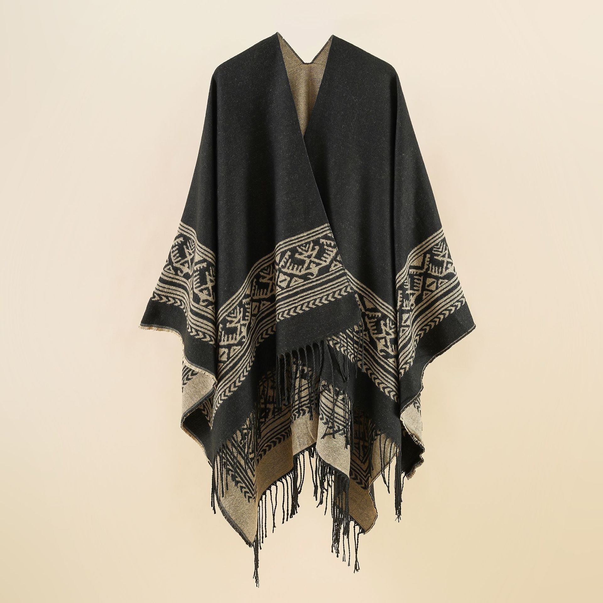 Women's Kimono-Style Wrap Coat Graphic Jacquard Design Fringed Hem Elegant Layering