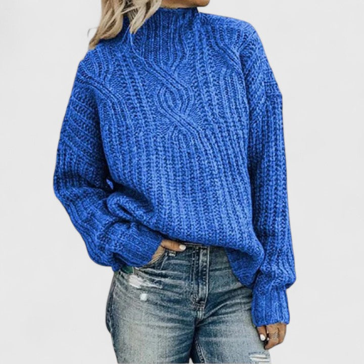 Women's Cozy Cable Knit Sweater Mock Neck Long Sleeve Casual Everyday Wear