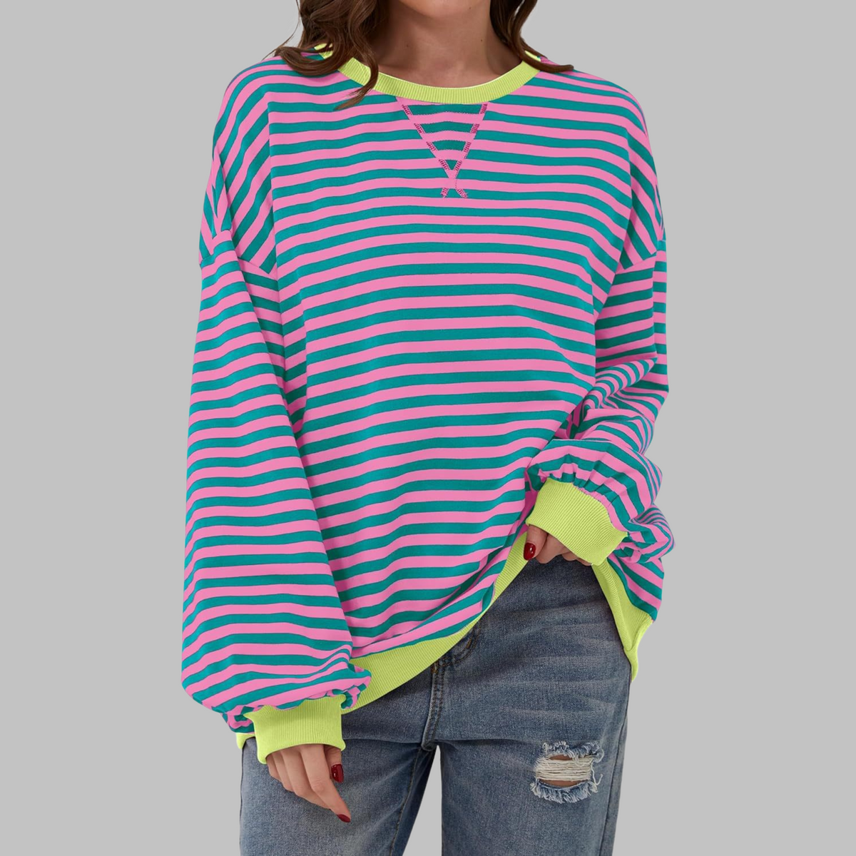Women's Oversized Sweatshirt Retro Stripe Pattern Casual Everyday Stylish