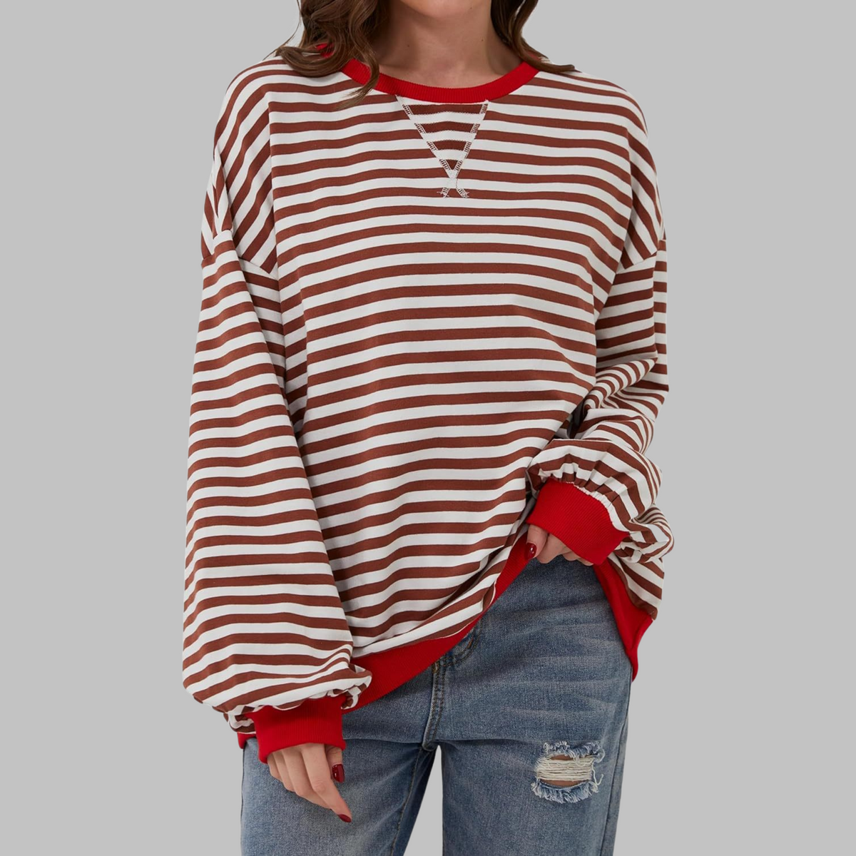 Women's Oversized Sweatshirt Retro Stripe Pattern Casual Everyday Stylish