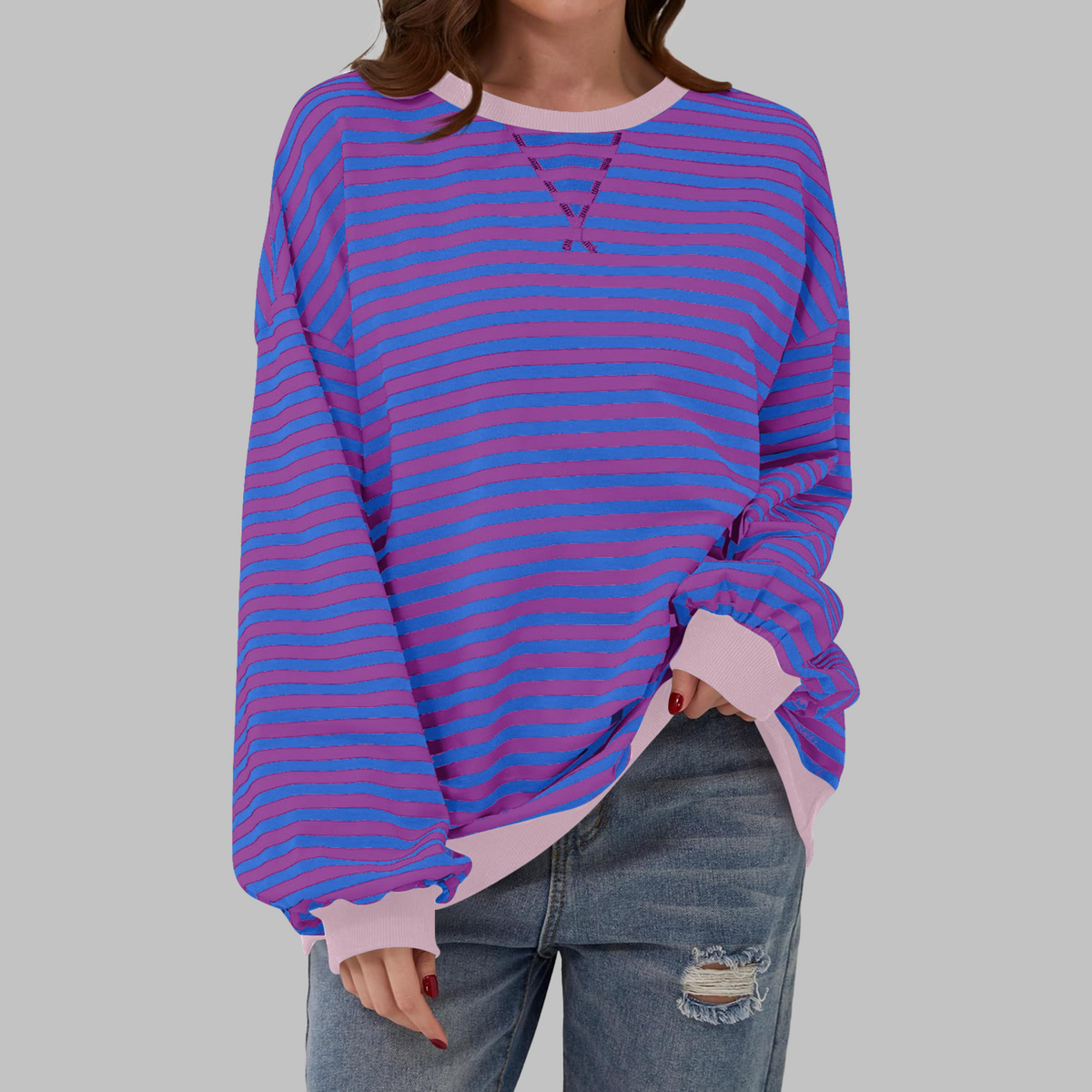 Women's Oversized Sweatshirt Retro Stripe Pattern Casual Everyday Stylish