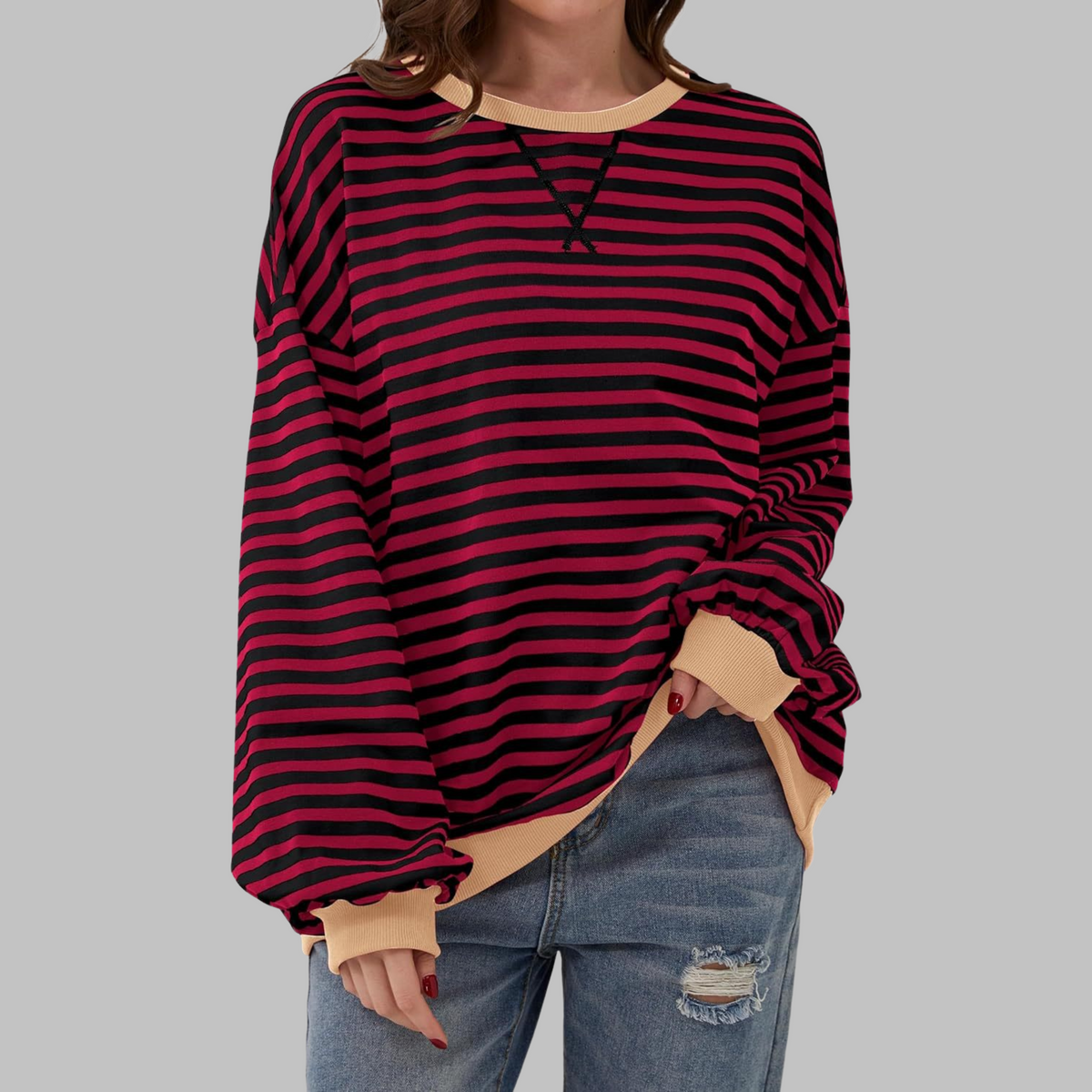 Women's Oversized Sweatshirt Retro Stripe Pattern Casual Everyday Stylish
