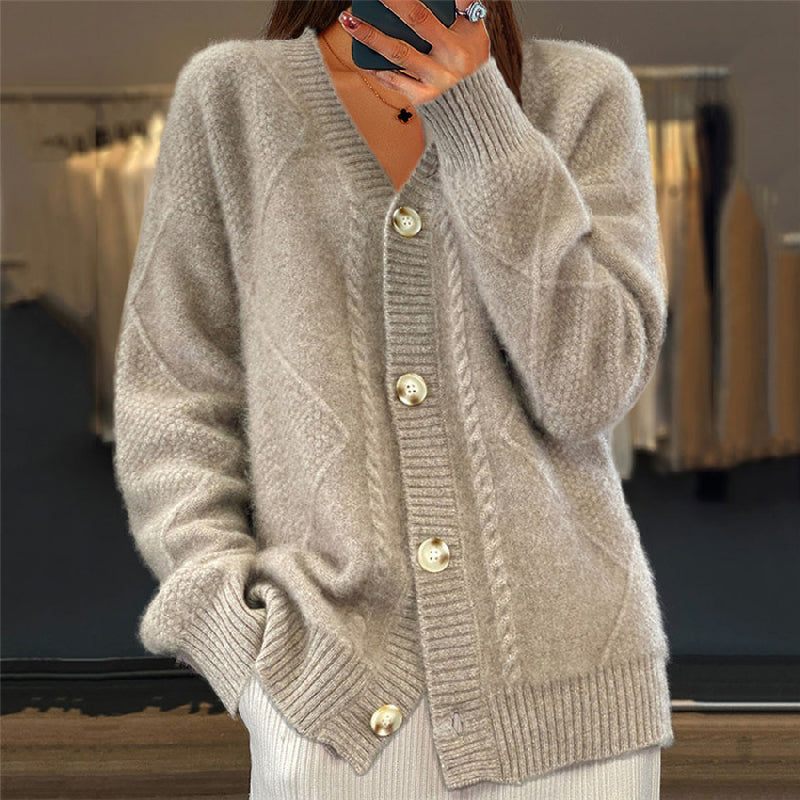 Women's Cable Knit Cardigan V-Neck Long Sleeve Button-Front Casual Wear