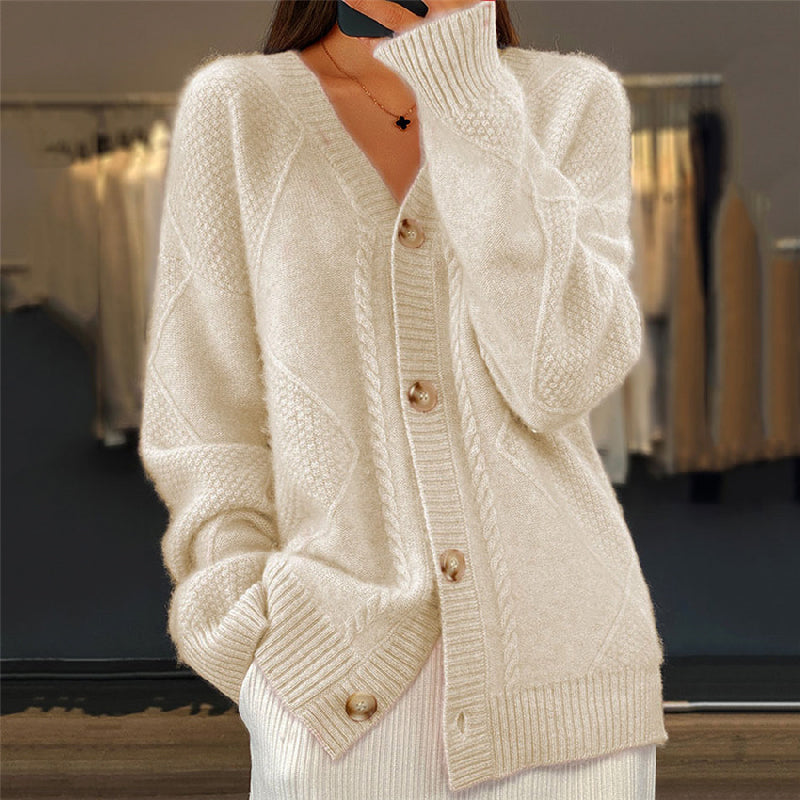 Women's Cable Knit Cardigan V-Neck Long Sleeve Button-Front Casual Wear
