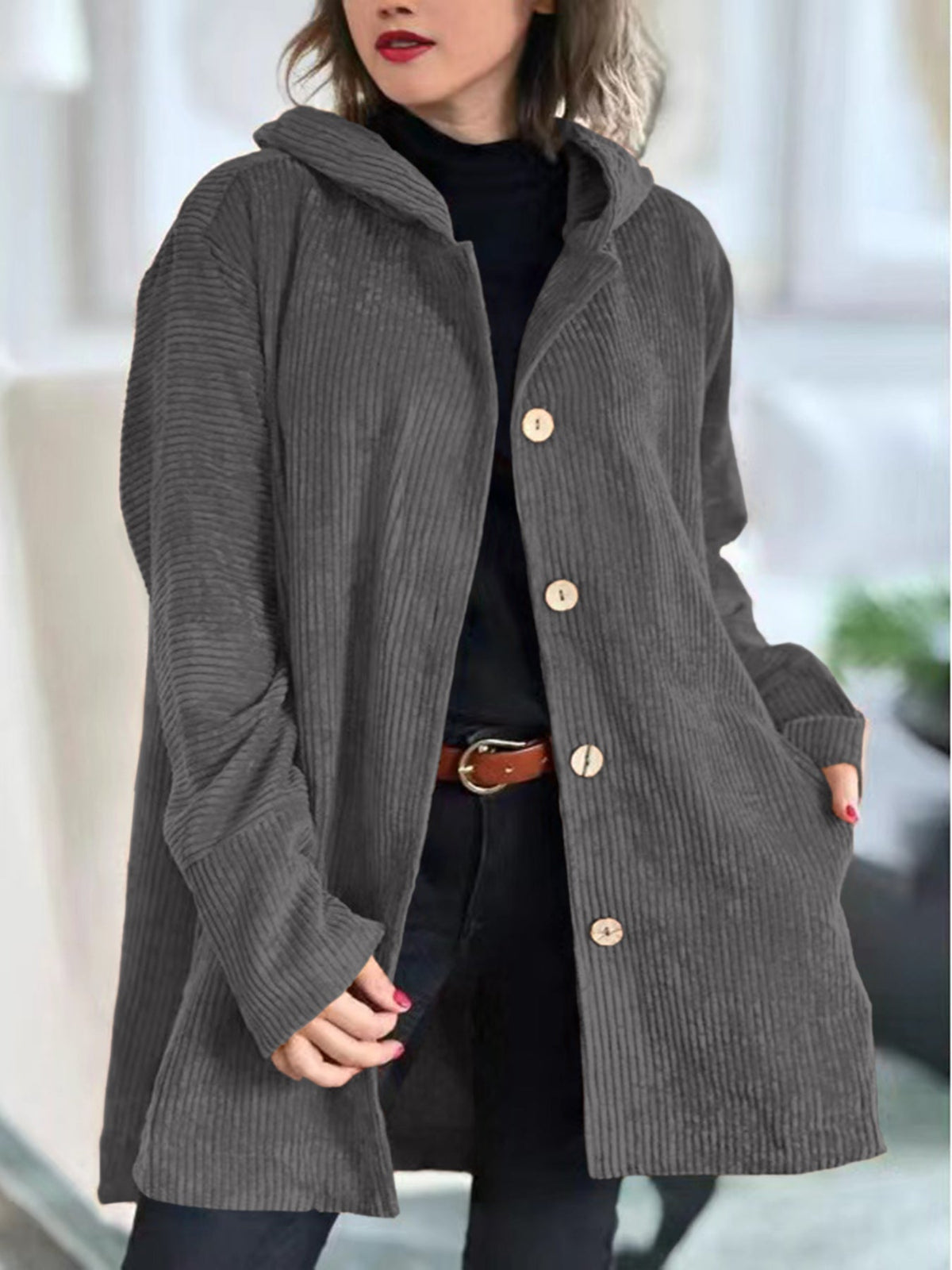 Women's Relaxed Fit Corduroy Jacket Classic Button Closure Casual Layering