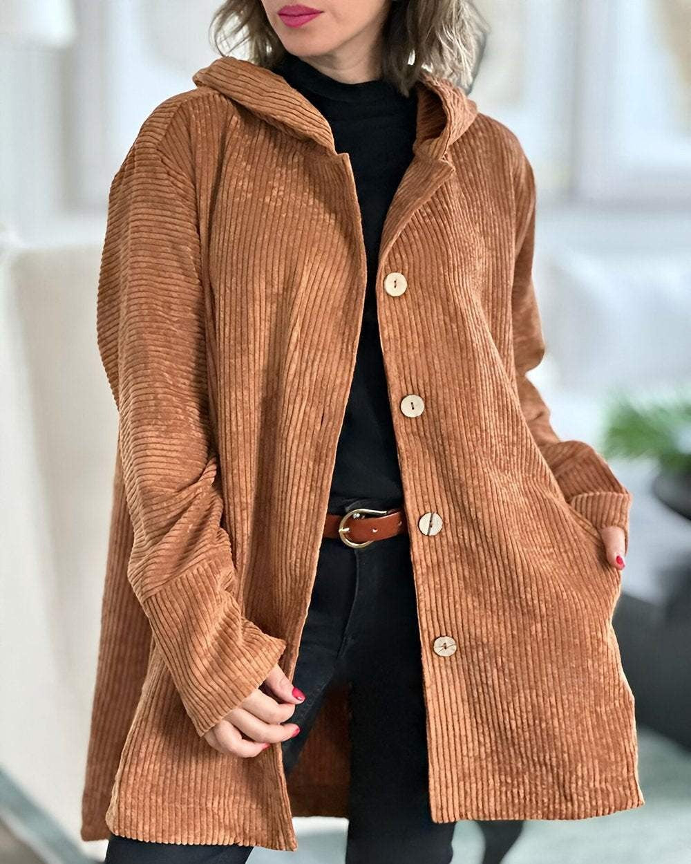 Women's Relaxed Fit Corduroy Jacket Classic Button Closure Casual Layering