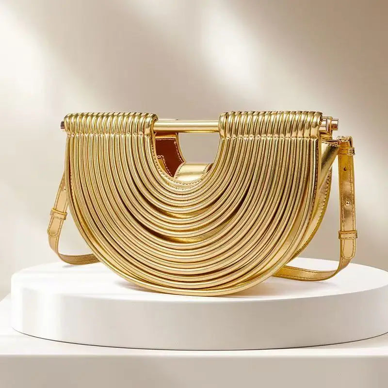 Women's Metallic Woven Crescent Shoulder Bag Purse for Work Travel Holidays Shopping Commutes and Everyday Use