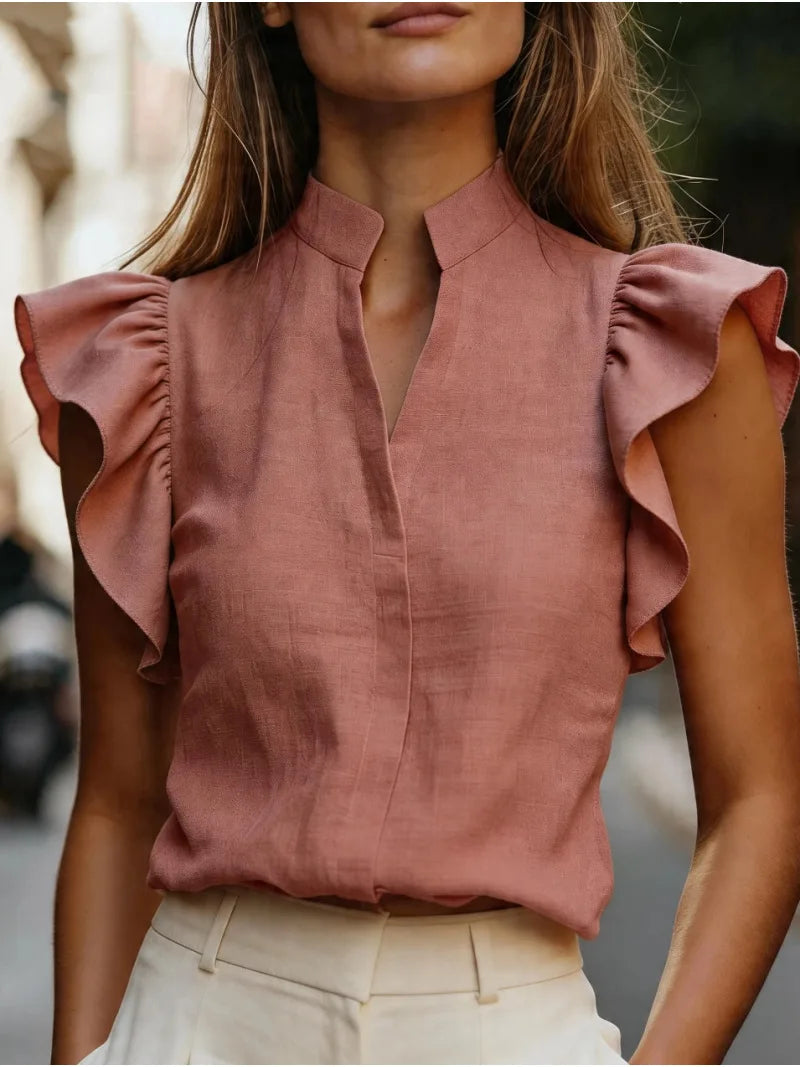 Women's Ruffle Sleeve V-Neck Blouse Relaxed Fit Casual Everyday Stylish