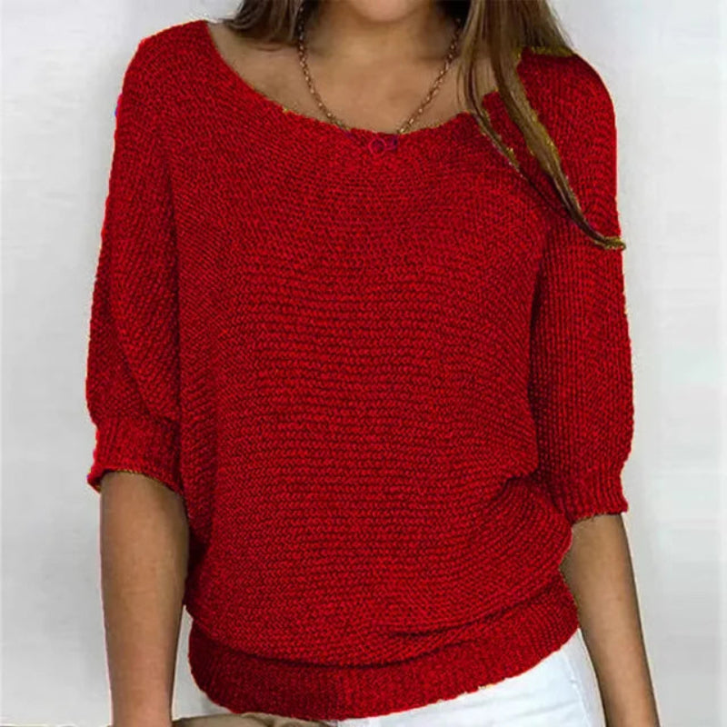 Women's Cozy Knit Sweater Relaxed Fit Long Sleeve Round Neck Casual Everyday