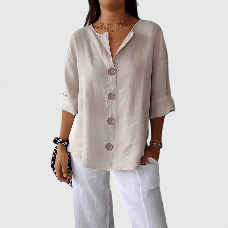 Women's Button-Down Blouse Roll-Tab Sleeve Casual Everyday Versatile