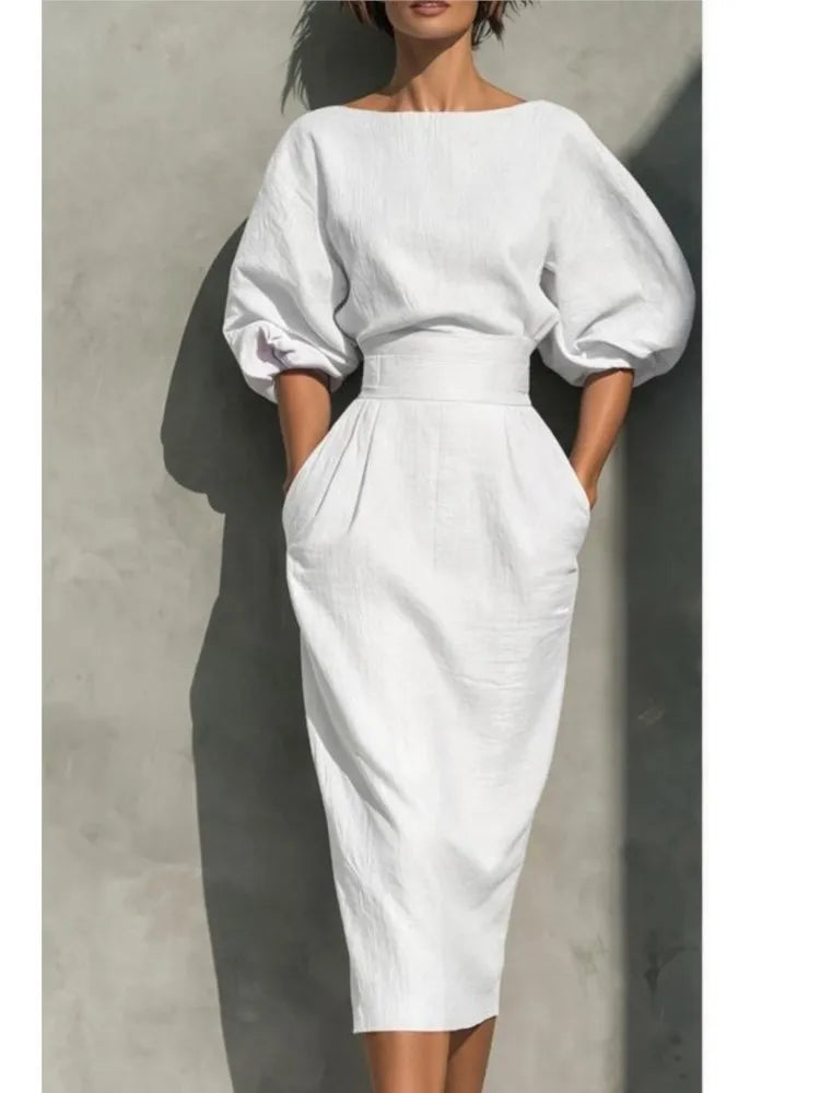Women's Midi Dress Pleated Lantern Sleeve Elegant Occasion Wear