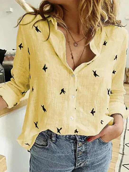 Women's Bird Print Long Sleeve Blouse Outfit for Work Brunch Casual Days and Everyday Wear