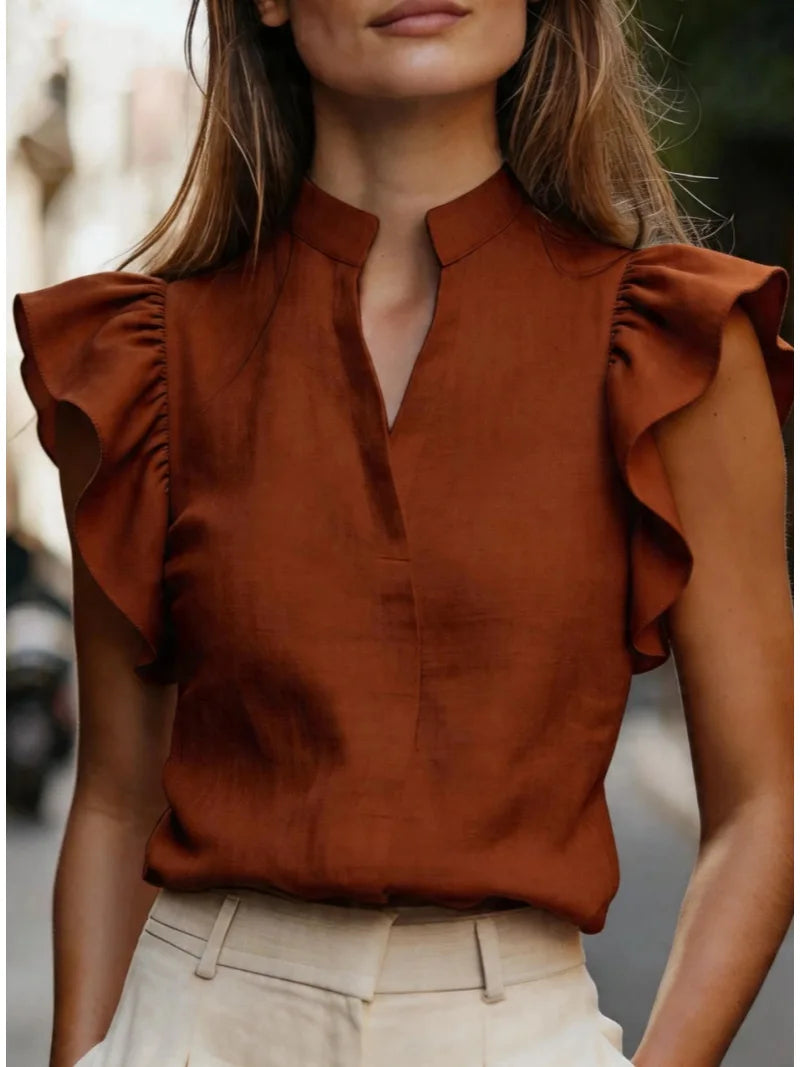 Women's Ruffle Sleeve V-Neck Blouse Relaxed Fit Casual Everyday Stylish