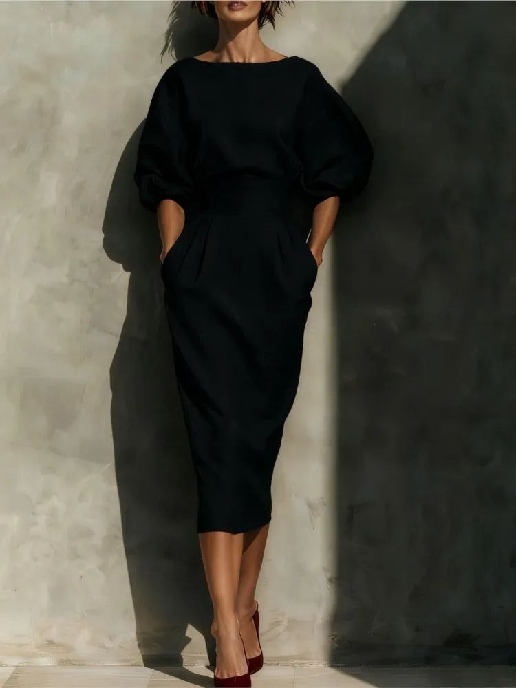 Women's Midi Dress Pleated Lantern Sleeve Elegant Occasion Wear