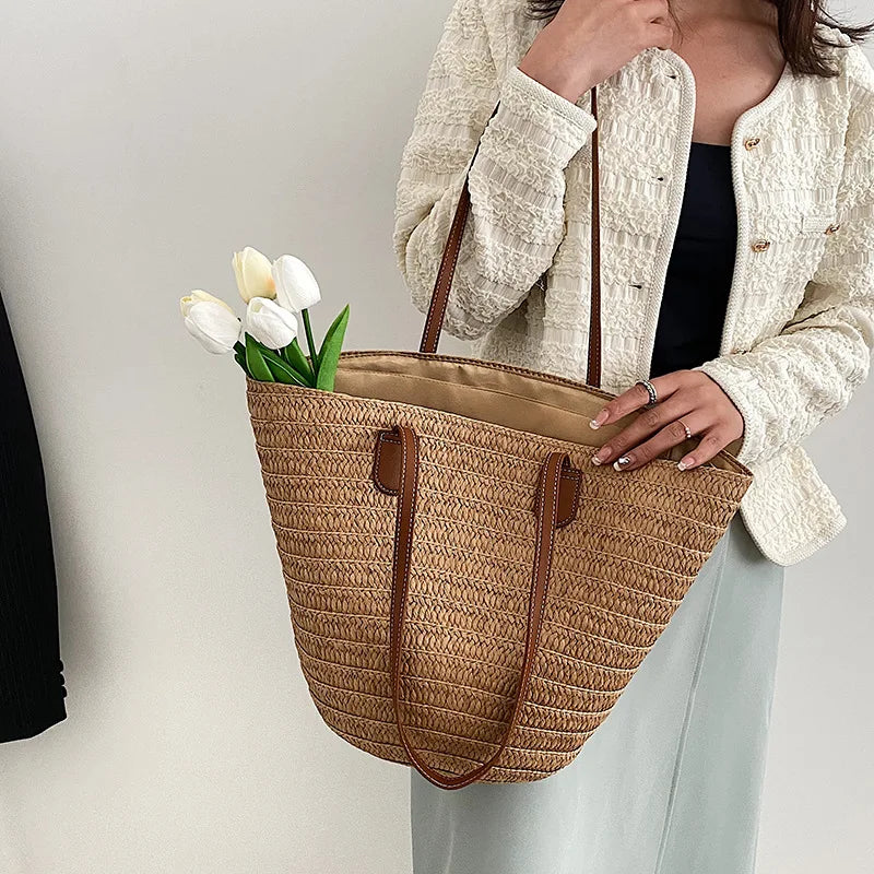 Women's Straw Woven Shoulder Bag Purse for Work Travel Holidays Shopping Commutes and Everyday Use
