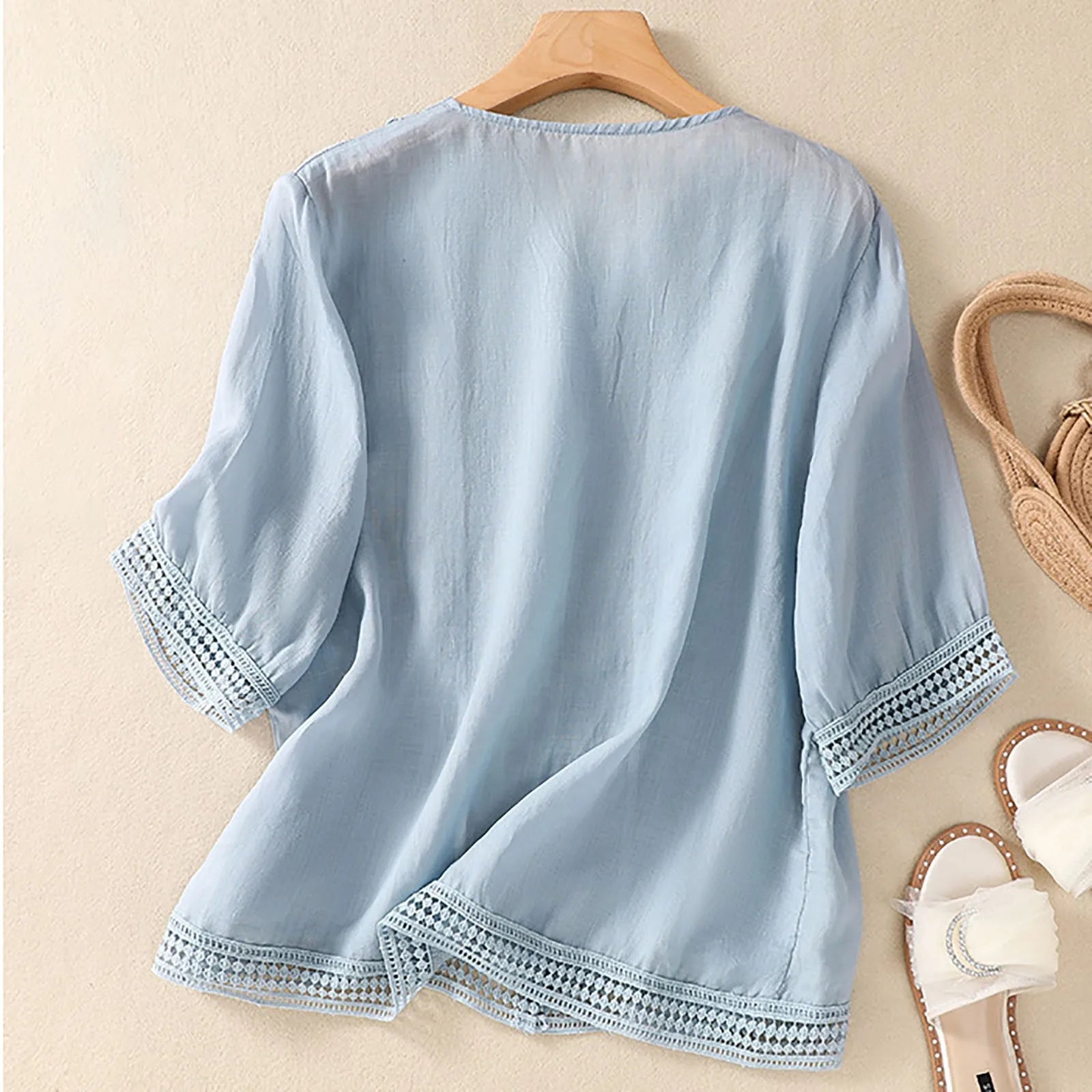 Women's V-Neck Lace Trim Blouse Outfit for Work Brunch Casual Days and Everyday Wear
