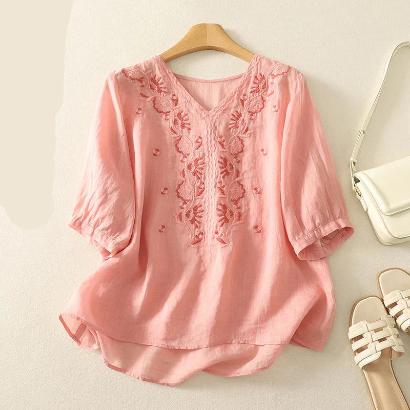Women's V-Neck Embroidered Blouse Outfit for Work Brunch Casual Days and Everyday Wear