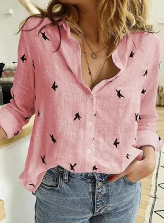 Women's Bird Print Long Sleeve Blouse Outfit for Work Brunch Casual Days and Everyday Wear
