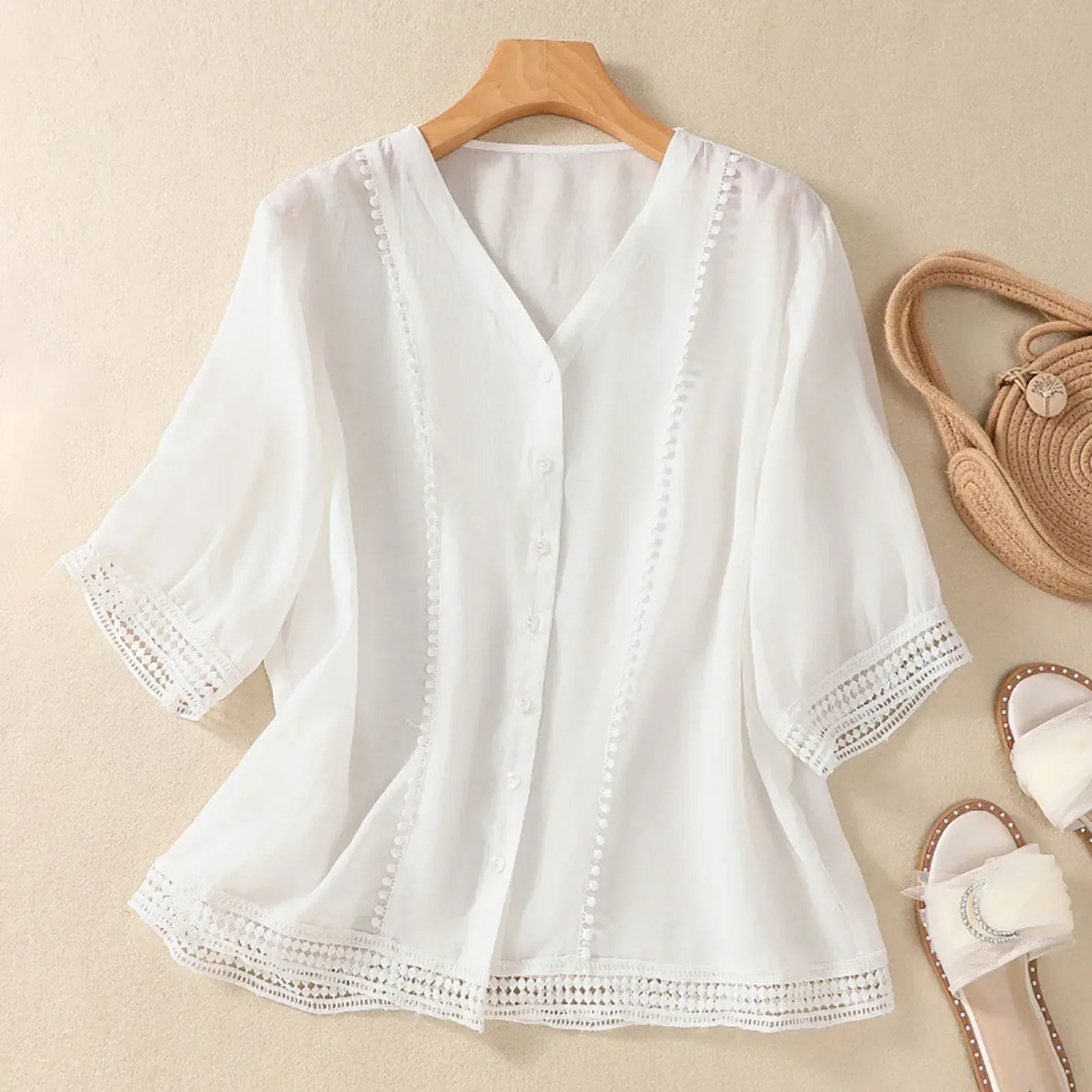 Women's V-Neck Lace Trim Blouse Outfit for Work Brunch Casual Days and Everyday Wear
