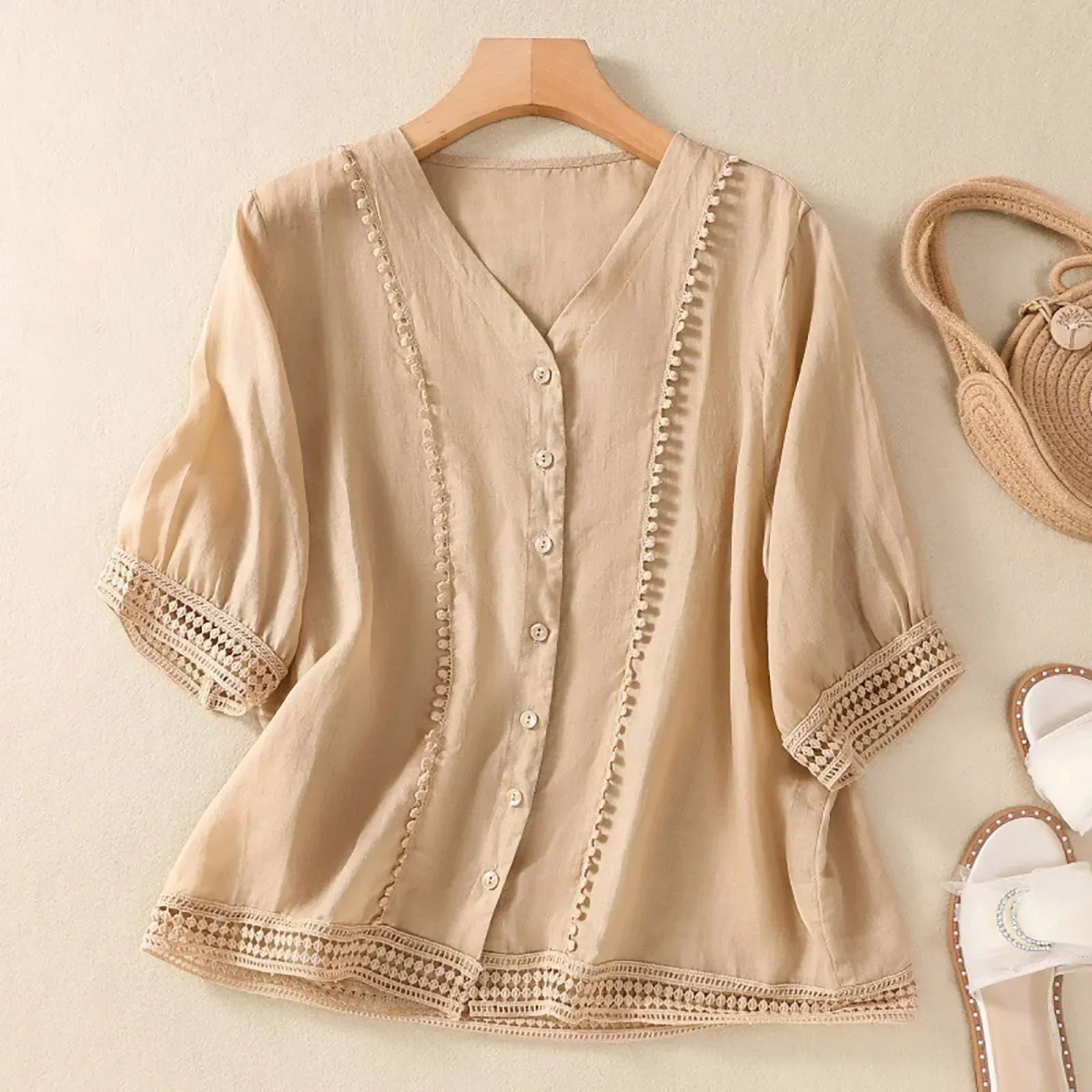 Women's V-Neck Lace Trim Blouse Outfit for Work Brunch Casual Days and Everyday Wear