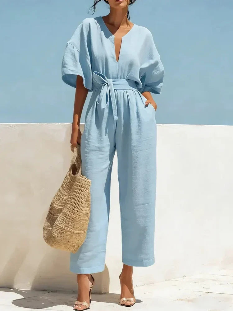 Women's Summer Linen Casual Jumpsuit Outfit for Summer Holidays Parties Brunch and Everyday Wear