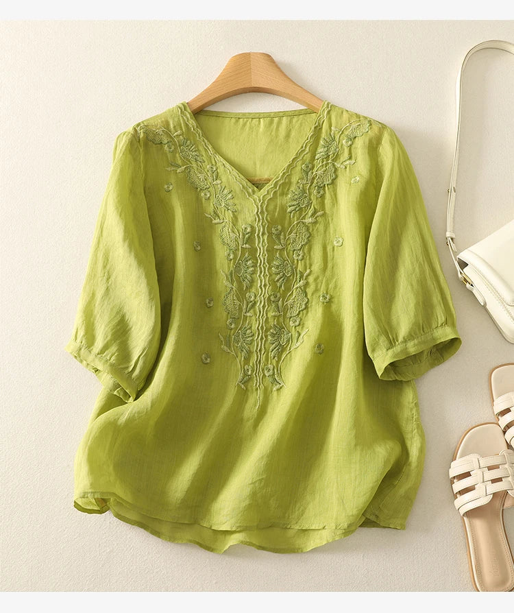 Women's V-Neck Embroidered Blouse Outfit for Work Brunch Casual Days and Everyday Wear