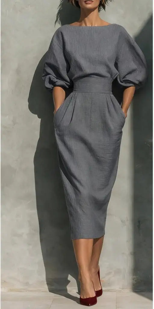 Women's Midi Dress Pleated Lantern Sleeve Elegant Occasion Wear