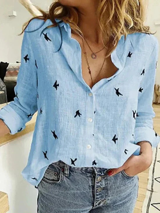 Women's Bird Print Long Sleeve Blouse Outfit for Work Brunch Casual Days and Everyday Wear