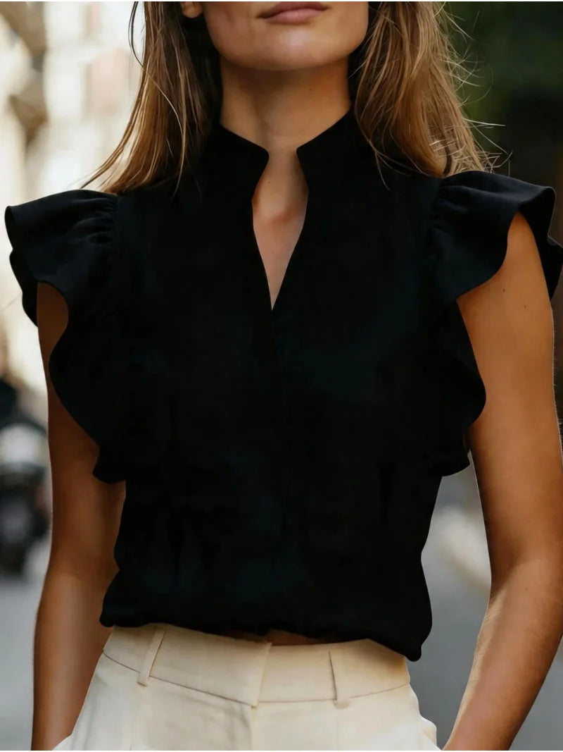 Women's Ruffle Sleeve V-Neck Blouse Relaxed Fit Casual Everyday Stylish