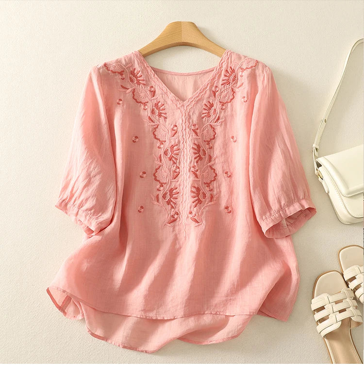 Women's V-Neck Embroidered Blouse Outfit for Work Brunch Casual Days and Everyday Wear
