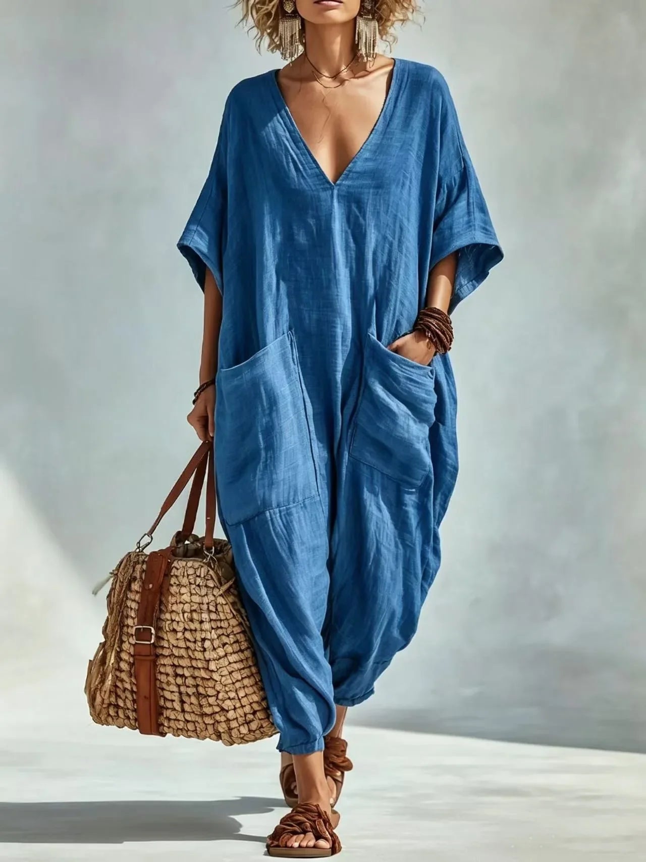 Women's V Neck Blend Pocket Casual Romper Outfit for Summer Holidays Parties Brunch and Everyday Wear