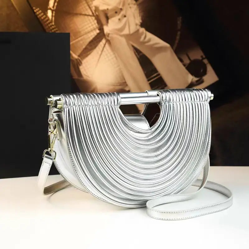 Women's Metallic Woven Crescent Shoulder Bag Purse for Work Travel Holidays Shopping Commutes and Everyday Use