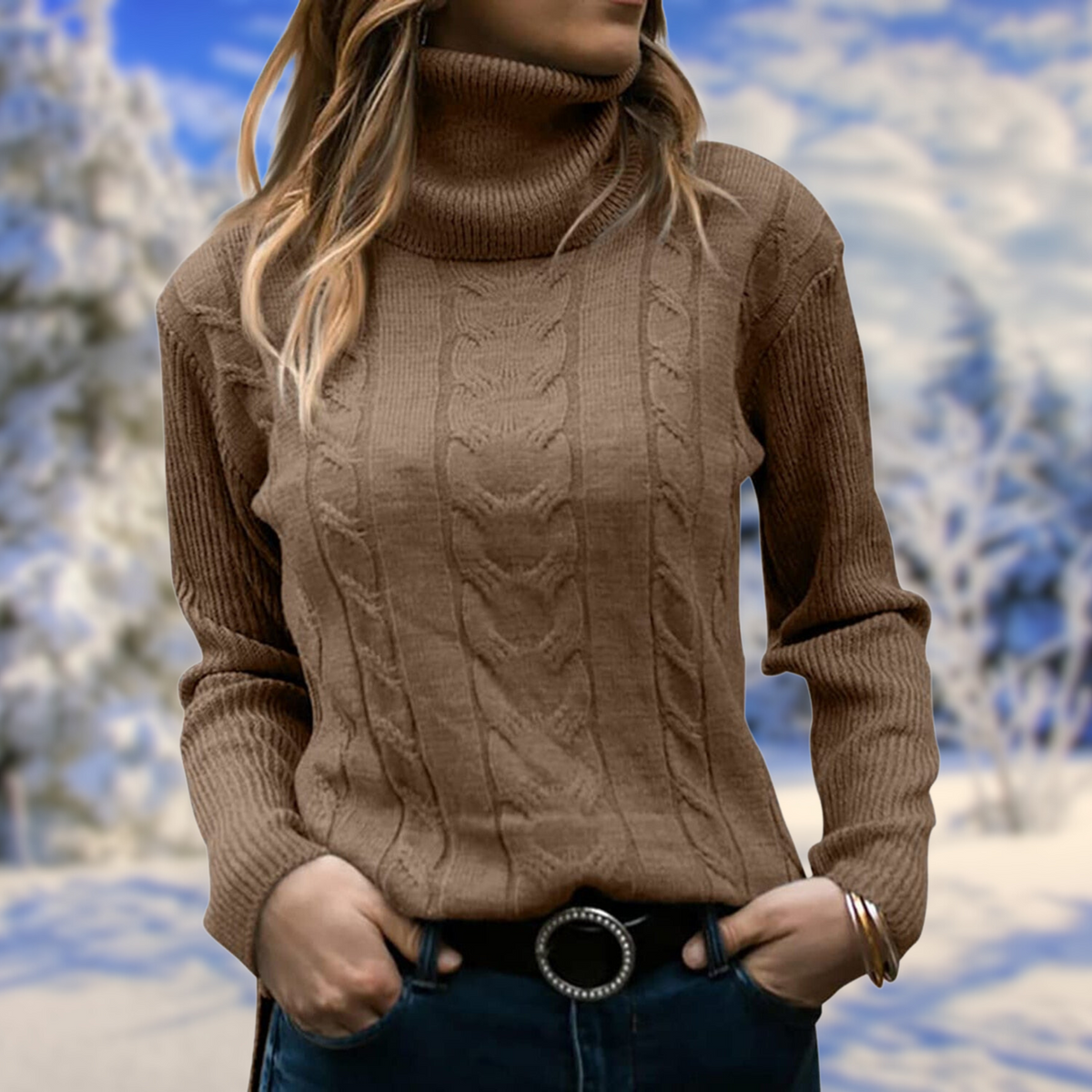 Women's Chic Cable Knit Turtleneck Sweater Long Sleeve Cozy Everyday Wear