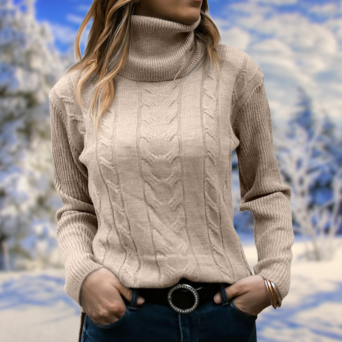Women's Chic Cable Knit Turtleneck Sweater Long Sleeve Cozy Everyday Wear
