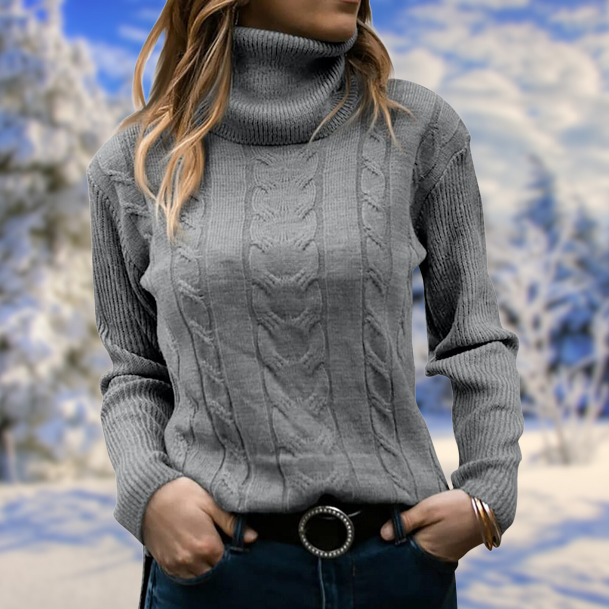 Women's Chic Cable Knit Turtleneck Sweater Long Sleeve Cozy Everyday Wear
