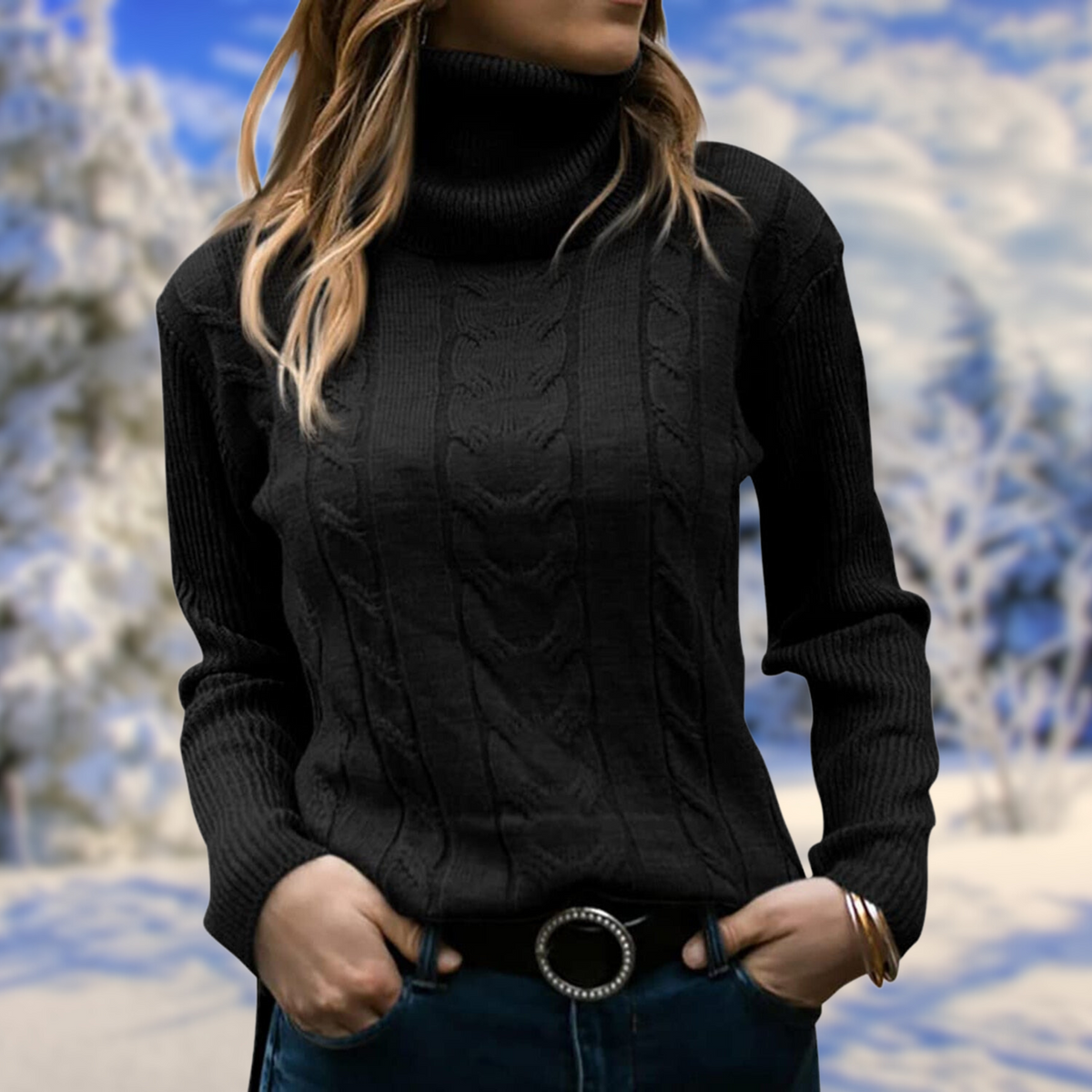 Women's Chic Cable Knit Turtleneck Sweater Long Sleeve Cozy Everyday Wear