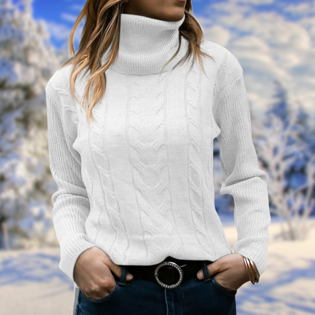 Women's Chic Cable Knit Turtleneck Sweater Long Sleeve Cozy Everyday Wear