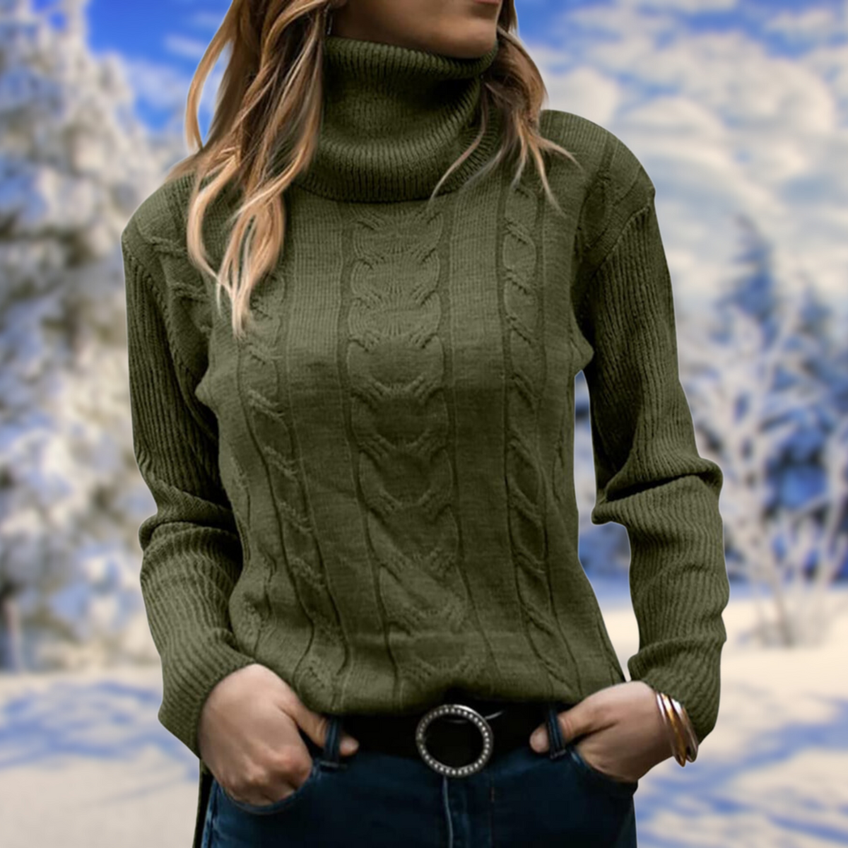 Women's Chic Cable Knit Turtleneck Sweater Long Sleeve Cozy Everyday Wear